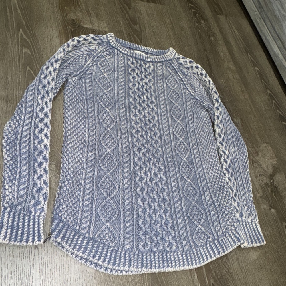 LL Bean Signature Sweater Womens S Blue Indigo Fisherman Mineral Wash Cable Knit